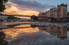 Sunset At An Old Footbridge Over The Saone River In The Old Town Of Lyon, France.