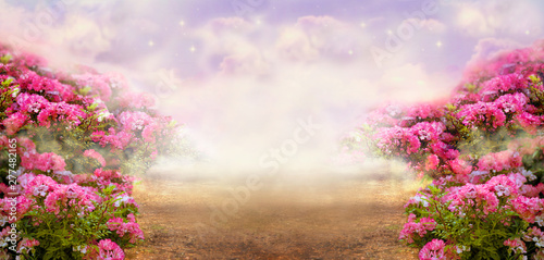 fantasy-summer-panoramic-photo-background-with-rose-field-and-misty-path-leading-to-mysterious-glow-idyllic-tranquil-morning-scene-and-empty-copy-space-road-goes-across-hills-to-fairytale
