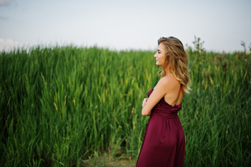 Wall Mural - Blonde sensual woman in red marsala dress posing in the reeds.