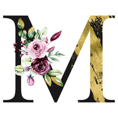 Floral gold alphabet, letter m with watercolor flowers and leaves. Monogram initials perfectly for wedding invitation, birthday, greeting card and other design. Holiday design hand painting. 