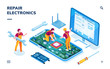 © Sensvector - Isometric page for electronics repair service. Worker with wrench and serviceman repairing smartphone board, technician doing cellular phone data restoration. Maintenance center application,fixing app