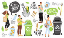 Zero Waste Concept Set With Eco Objects, People And Lettering. Shopping Bag, Container, Comb, Bottle, Jar, Toothbrush, Vegetable Etc. Eco Life. Vector.