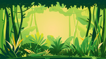 Wild Jungle Forest With Trees, Bushes And Lianas, Nature Landscape With Green Jungle Foliage And Exotic Plants Growing On Ground, Horizontal Banner With Tropical Plants On Sunny Day