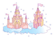 Vector Cartoon Illustration Of Pink Princess Magic Castle In Clouds. Pink Princess Magic Castle In Blue Clouds, With Flags And Torrets, Pastel Pink Color. Cute Cartoon Princess Castle Sticker