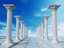 Ancient Ruins Of Greek Pillars Against Blue Sky. 3D Illustration
