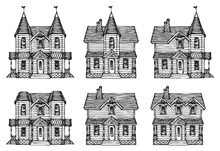 Set Of Hand Drawn Houses, Old Style Building Facades. Old Houses, City Buildings, Doodle Decorative Elements Collection. Outline Black And White Vector Illustration. Coloring For Children And Adults.