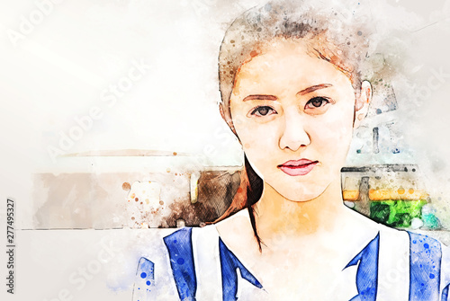 Abstract Beautiful Asia Girl Smile Portrait On Walking Street And Building Background On Watercolor Illustration Painting Background Stock Illustration Adobe Stock
