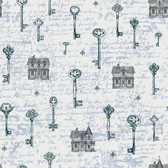 Wall Mural - Vector seamless pattern with vintage keys and old houses in retro style. Hand drawn illustrations on abstract background of old faded manuscript with spots and blots. Wallpaper, wrapping paper, fabric