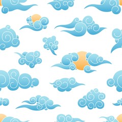 Poster - Seamless pattern with sun and clouds in traditional Chinese style on white background. Oriental decorative backdrop with weather phenomena. Flat vector illustration for wrapping paper, textile print.