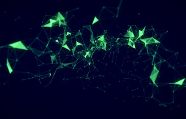 Leinwandbilder - Abstract background, structure of connect lines and particles. Connection and network concept. Creative technological background with digital composition, in green and blue dark and deep scene