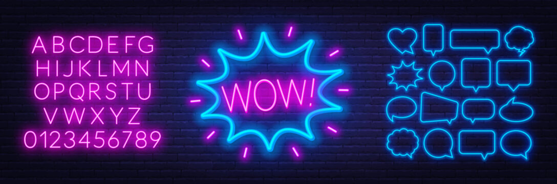 Neon sign wow . Set of neon speech bubbles and the alphabet on a dark background. Template for design.