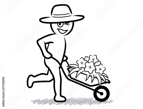 Lächelnder Gärtner mit Hut, Schubkarre und Blumen / schwarzweiß