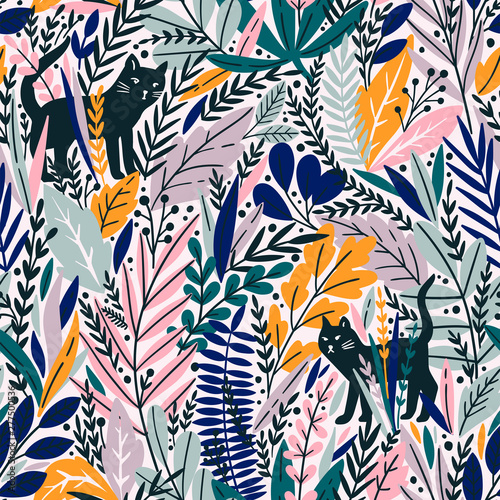 Cotton fabric Vector seamless pattern with cats and tropical leaves.