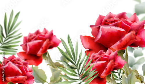 Red roses Vector watercolor. Vintage floral frame decor. Exotic background le...