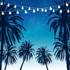 Wall Mural - Summer party background with palm trees silhouettes on night starry sky