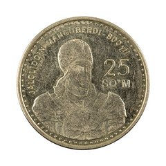 25 Uzbek som coin (1999) obverse isolated on white background