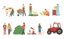 People Farming Vector, Man And Woman With Basket And Fruits, Carriage With Pumpkins, Male With Sheep And Farmer Lady With Cow, Tractor Machinery Set