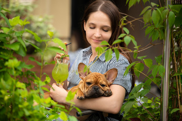 Wall Mural - girl with a french bulldog puppy sitting on a cafe terrace on a summer day