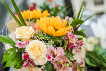 Sunflower and roses fresh flower bouquet