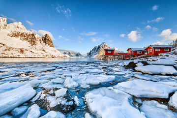Wall Mural - landscape of norway lofotens with traditional red houses