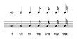 Standard note values. Whole, half, quarter and eighth to sixty-fourth. In music notation, the note value indicates the relative duration of a note, using notehead, stem or flag. Illustration. Vector.