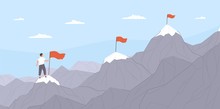 Office Worker Climbing Up Mountains Or Cliffs And Moving To Final Destination Point. Concept Of Gradual Business Development, Successive Steps To Goal Achievement. Flat Cartoon Vector Illustration.