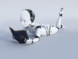 3D rendering of robotic child reading a book.
