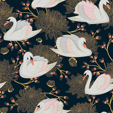Beautiful Seamless Natural Pattern With Pastel Color Swans And Beautiful Big Chrysanthemums.
