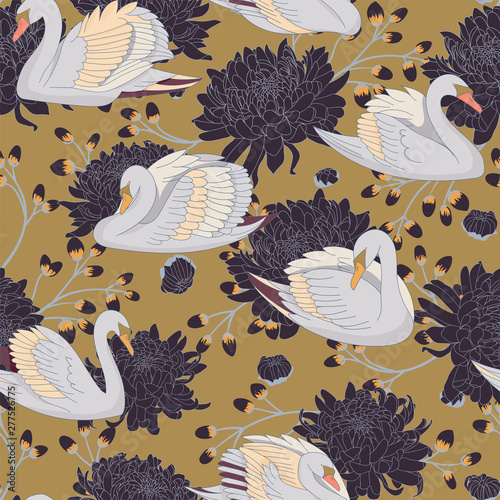 Cotton fabric Beautiful seamless natural pattern with pastel color swans and beautiful big chrysanthemums.