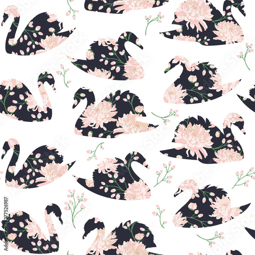 Cotton fabric Beautiful seamless natural pattern with pastel color swans and beautiful big chrysanthemums.