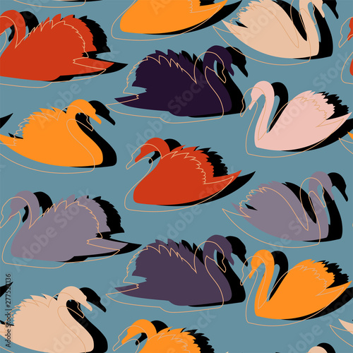 Cotton fabric Seamless pattern with geometric silhouette of swans.