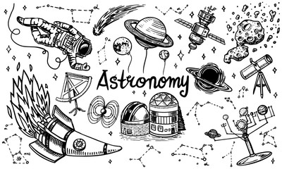 astronomy background in vintage style. space and cosmonaut, moon and spaceships, meteorite and stars