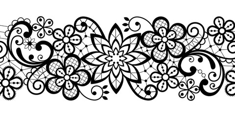 Alencon French seamless lace vector pattern, openwork ornament textile or embroidery design in black on white background