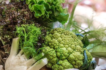 Display of fresh ripe organic broccoli at the weekend farmer's market