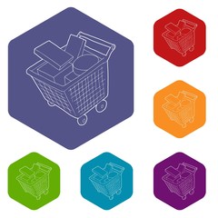 Sticker - Sale shopping cart with boxes icons vector colorful hexahedron set collection isolated on white