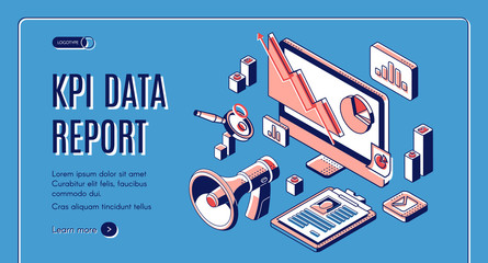 KPI data report isometric landing page, key performance indicators banner with infographics elements, metrics analysis. Company management, measure marketing campaign, 3d vector illustration, line art