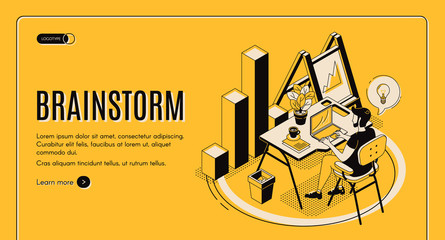 Brainstorm isometric landing page. Man sitting at desk, working on laptop, searching idea. IT company, business startup, online service for effective brainstorming 3d vector illustration, banner, line