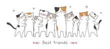 Draw Banner Cat Hug With Love And Word Best Friends.