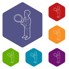 Poster - businessman holding magnifying glass icons vector colorful hexahedron set collection isolated on whi