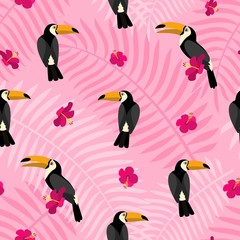 Poster - Pink flower on bird toucan pattern. Flat illustration of pink flower on bird toucan vector pattern for web design