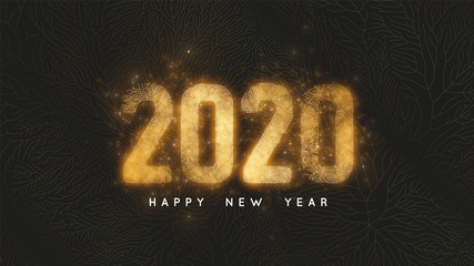 Poster - Happy New Year 2020. Dark background with gold net and glowing golden 2020 numbers as veins of gold foil and sparkles. Vector Illustration for luxury holiday greeting card, invitation, calendar