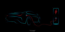 Electric Car With Charging Stations By Sketch Line Rear View Blue And Red Colors Isolated On Black Background. Vector Illustration.