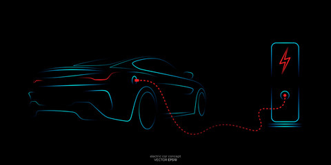 Wall Mural - Electric car with charging stations by sketch line rear view blue and red colors isolated on black background. Vector illustration.