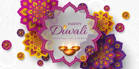 Wall Mural - Diwali festival of lights holiday design with paper cut style of Indian Rangoli and diya - oil lamp. Purple color on white background. Vector illustration.