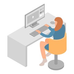 Poster - Woman work at computer icon. Isometric of woman work at computer vector icon for web design isolated on white background