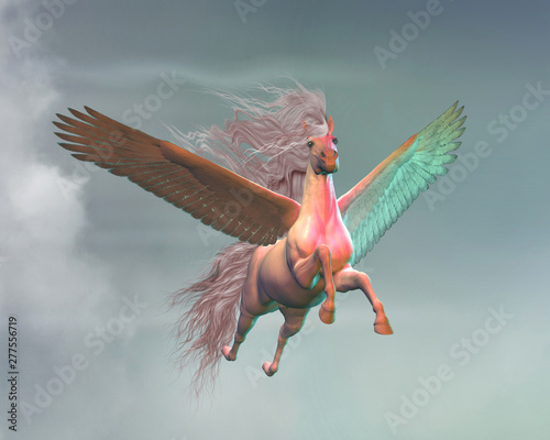 Cuadros en Lienzo Pegasus in Clouds - A white Pegasus stallion a creature of myth and folklore flies magically through a sky with light clouds