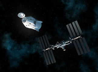 Wall Mural - commercial spacecraft and international space station in space