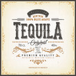Vintage Mexican Tequila Label For Bottle/ Illustration of a vintage design elegant tequila label, with crafted lettering, specific blue agave product mentions, textures and hand drawn patterns