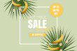 Hot price summer sale flatlay. Offer poster with bananas and green palm leaves with white frame. Up to 50%