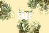 Fototapeta Mapy - Summer sale banner. Special offer poster discount on the yellow background with green kiwi, pineapple and palm leaves. Fruit pattern